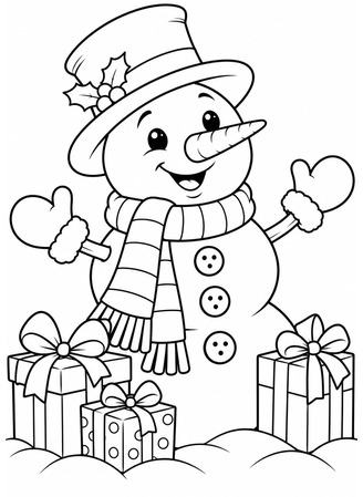 Ausmalbild Schneemann mit Geschenken