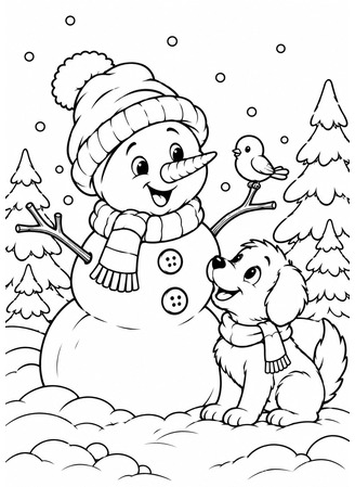 Ausmalbild Schneemann mit Hund