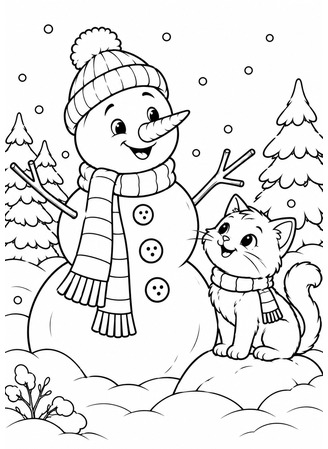 Ausmalbild Schneemann mit Katze