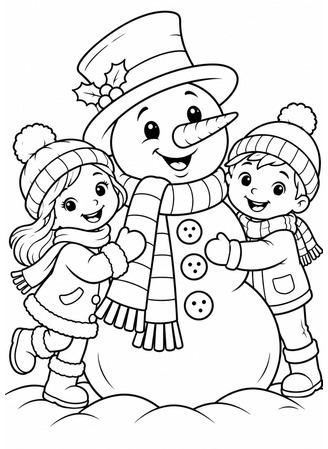Ausmalbild Schneemann mit Kindern