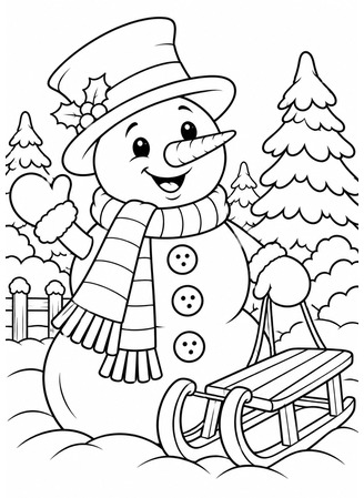 Ausmalbild Schneemann mit Schlitten