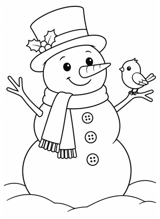 Ausmalbild Schneemann mit Vogel