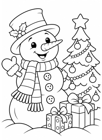 Ausmalbild Schneemann mit Weihnachtsbaum