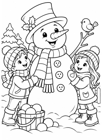 Ausmalbild Schneemann mit zwei Kindern