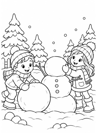 Ausmalbild Zwei Kinder bauen einen Schneemann