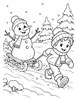 Ausmalbild Schneemann auf Schlitten wird von Kind gezogen