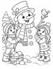 Ausmalbild Schneemann mit zwei Kindern