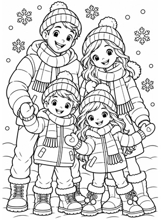 Ausmalbild Familie in Winterkleidung