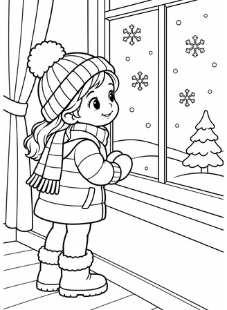 Ausmalbild Kind am Fenster in Winterkleidung