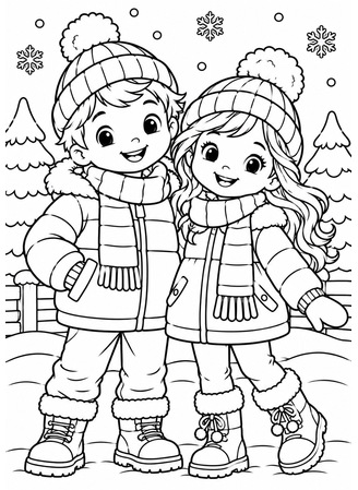 Ausmalbild Kinder in Winterkleidung