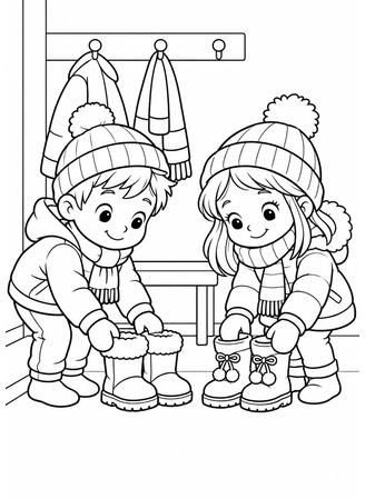 Ausmalbild Kinder ordnen Winterstiefel
