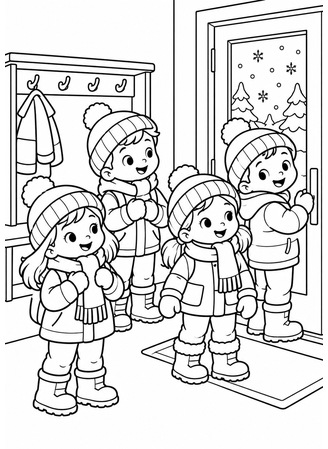 Ausmalbild Kindergartenkinder in Winterkleidung