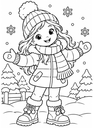 Ausmalbild Mädchen in Winterkleidung