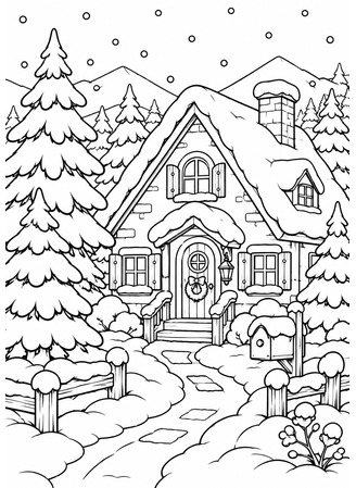 Ausmalbild Haus im Schnee