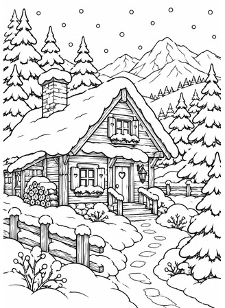 Ausmalbild Hütte im Schnee