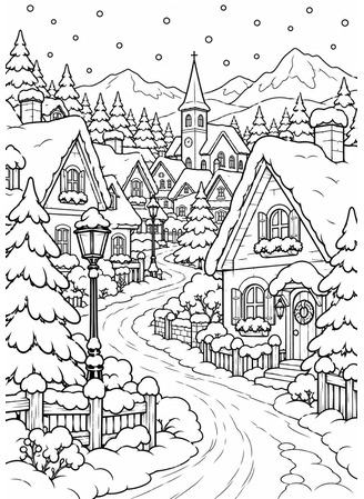 Ausmalbild Verschneites Dorf