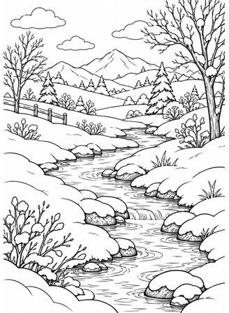 Ausmalbild Winterlandschaft mit Bach