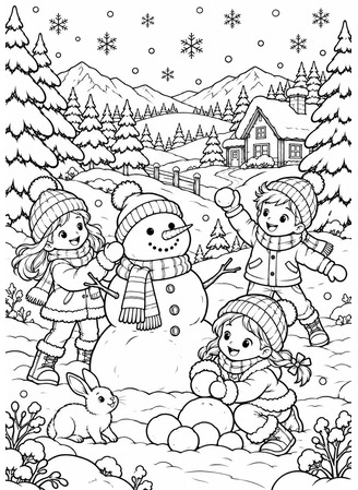 Ausmalbild Winterlandschaft mit Kindern und Schneemann