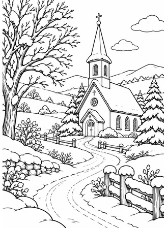Ausmalbild Winterlandschaft mit Kirche
