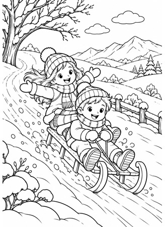 Ausmalbild Winterlandschaft mit Schlitten