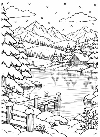 Ausmalbild Winterlandschaft mit See