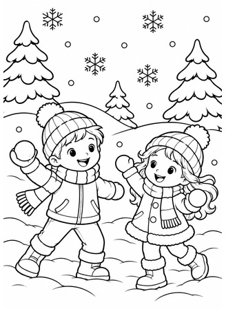 Ausmalbild Winterlandschaft mit zwei Kindern