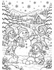 Ausmalbild Winterlandschaft mit Kindern und Schneemann
