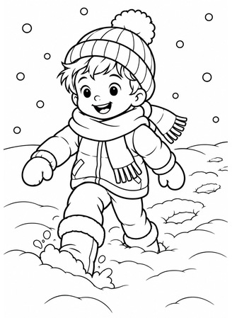 Ausmalbild Kind stapft durch tiefen Schnee