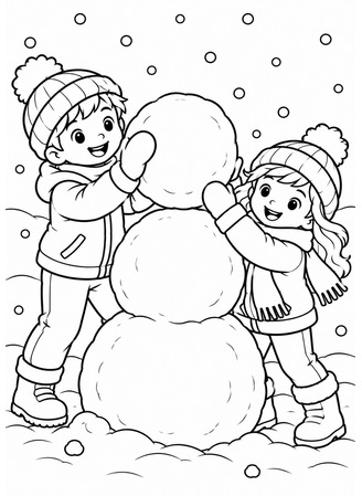 Ausmalbild Kinder bauen einen Schneemann