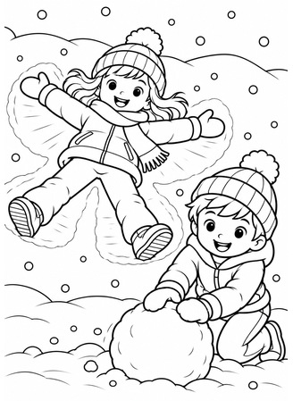 Ausmalbild Kinder spielen im Schnee