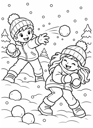 Ausmalbild Schneeballschlacht