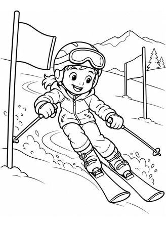 Ausmalbild Kind beim Ski Slalom