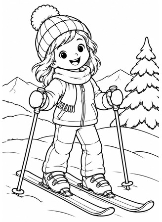 Ausmalbild Kind mit Skiern und Skistöcken