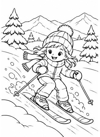 Ausmalbild Mädchen beim Skifahren