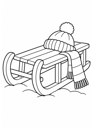 Ausmalbild Schlitten mit Mütze und Schal