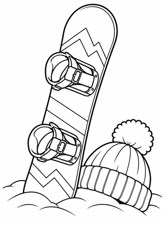 Ausmalbild Snowboard mit Wintermütze