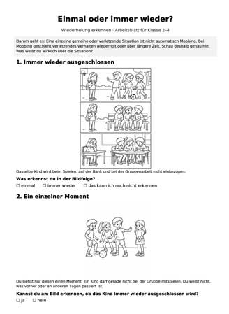 Arbeitsblatt Einmal oder immer wieder zum Thema Mobbing