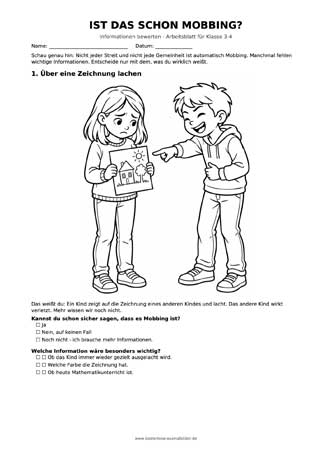 Arbeitsblatt Ist das schon Mobbing für Klasse 3 und 4