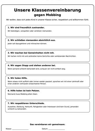 Klassenvereinbarung gegen Mobbing zum Ausdrucken