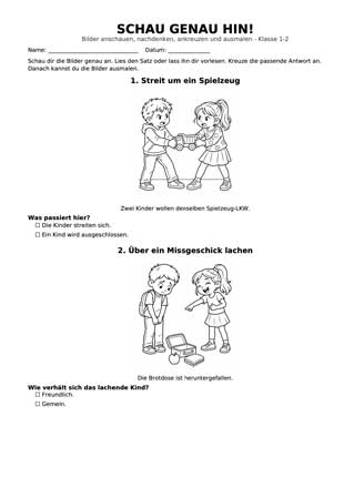 Mobbing Arbeitsblatt Schau genau hin für Klasse 1 und 2