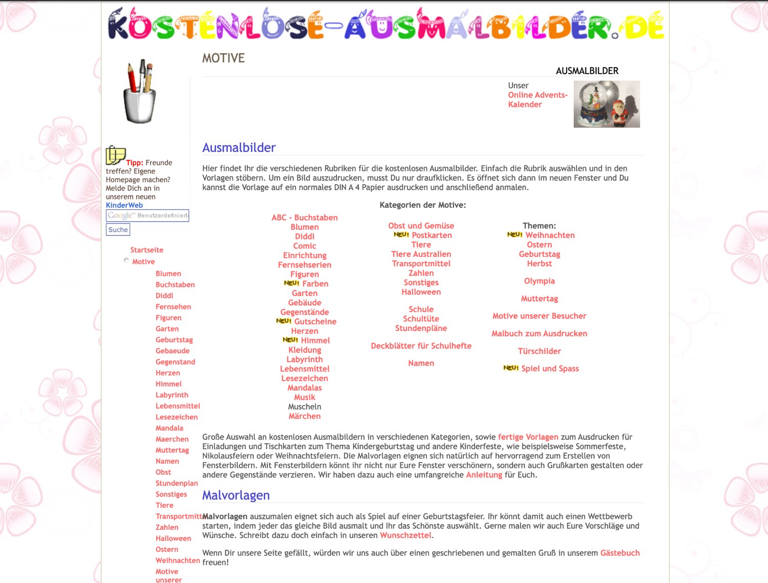 Historischer Screenshot: Ausmalbilder von A bis Z