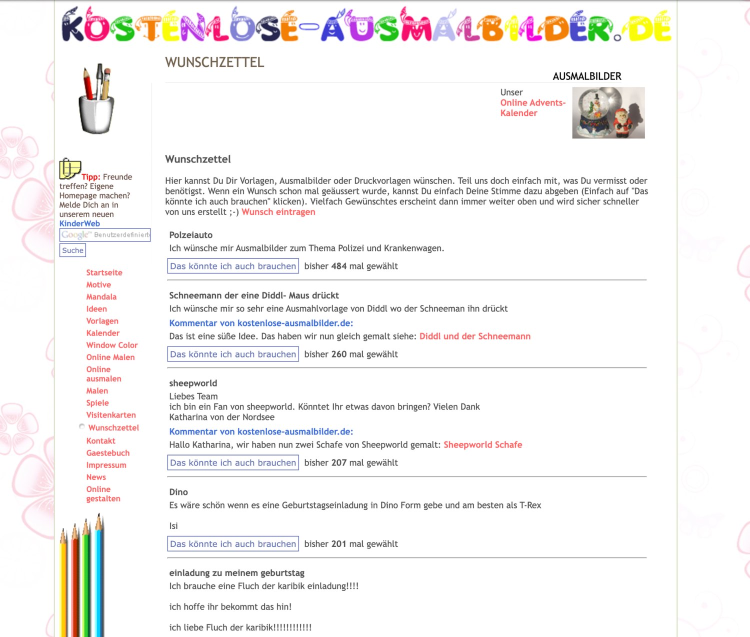Historischer Screenshot: Ein Wunschzettel mit Stimmen